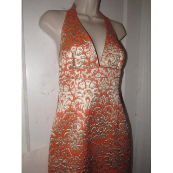 David Meister Orange With Metallic Floral Brocade Print Silk With A Halter Top - Picture 12 of 12
